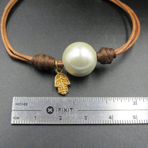 7" Sterling Silver & Leather Large Faux Pearl Bracelet Vintage - Picture 7 of 8